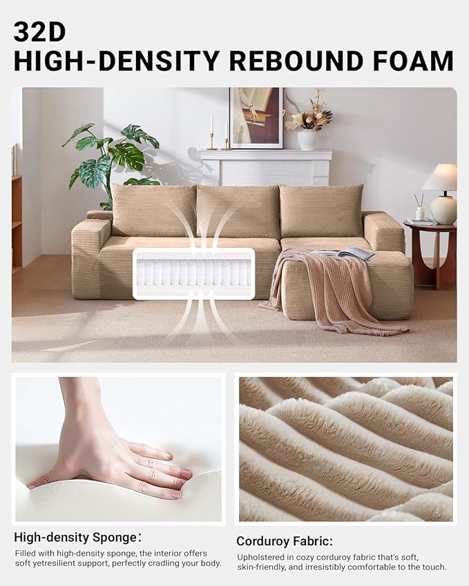 97" Cloud Sectional Couch,Modern Modular Sectional Sofa with Deep Seat,Corduroy Boneless Couches with L-Shape Chaise for Living Room Bedroom,No Assembly Required (Camel, 97" Right Facing Chaise)