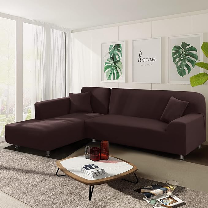 NAISI Couch Cover L Shape 2 Pieces Sofa Cover Soft Stretch Slipcovers with 2pcs Pillowcases Furniture Protector Sectional Couch Covers 3 Seater + 3 Seater(Coffee)