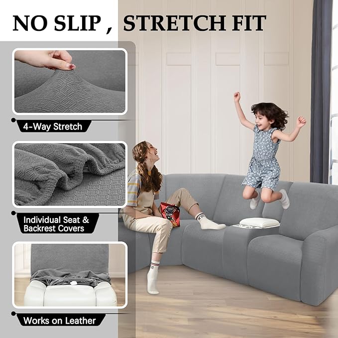 Waterproof Reclining Sectional Couch Covers Washable L Shaped Couch Cover for Sectionals Recliner Sofa Covers Stretch Corner Recliner Slipcovers(5 Seater 1 Console Cover, Light Gray)