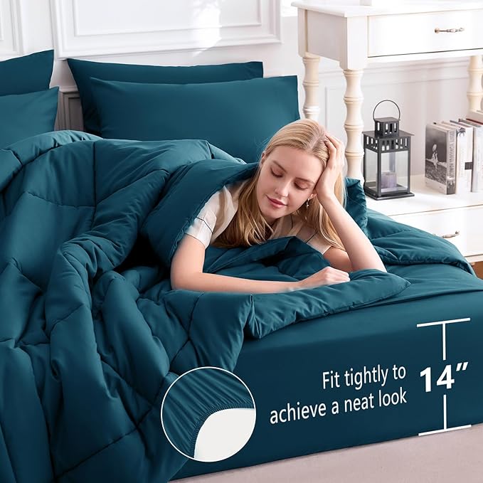 CozyLux Queen Comforter Set Lyons Blue, 7 Pieces Bed in a Bag, Blue Comforters Queen Size, All Season Bedding Sets with Stitch Quilted Comforter, Flat Sheet, Fitted Sheet, Pillowcases