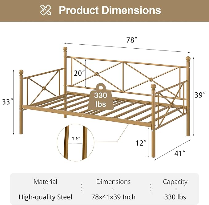 VECELO Twin Daybed Frame, Metal Day Bed with Stylish Headboard, Multifunctional Platform Beds for Bedroom, Guest Room, No Boxing Spring Needed, Golden