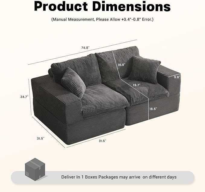 74.8” Set of Cloud Couch, Modular Loveseat Sofa, Convertible Sofas Bed, Deep Seat Sofa, Cozy Sofa for Living Room, Office and Bedroom, Corduroy, Gray