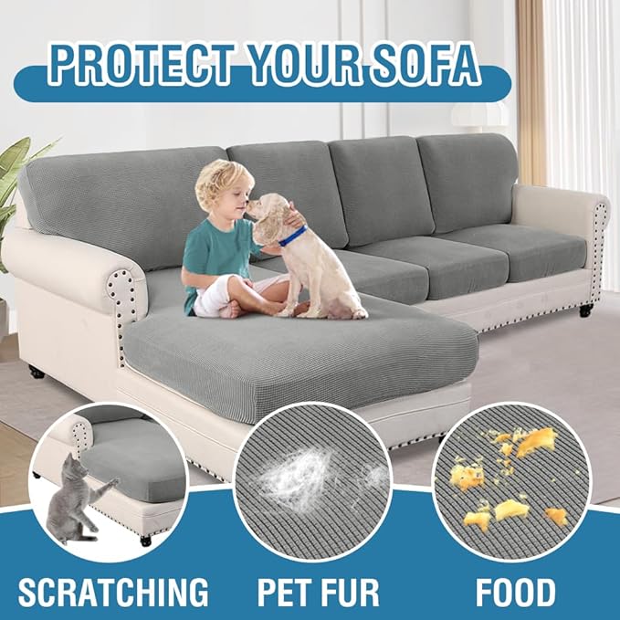 H.VERSAILTEX 2025 New Sectional Couch Covers 8 Pieces Stretch Sofa Covers for Sectional Sofa Set Separate L Shaped Couch Cover for Both Left/Right Couch (Seat and Back: 1 Chaise + 3 Sofa, Dove)