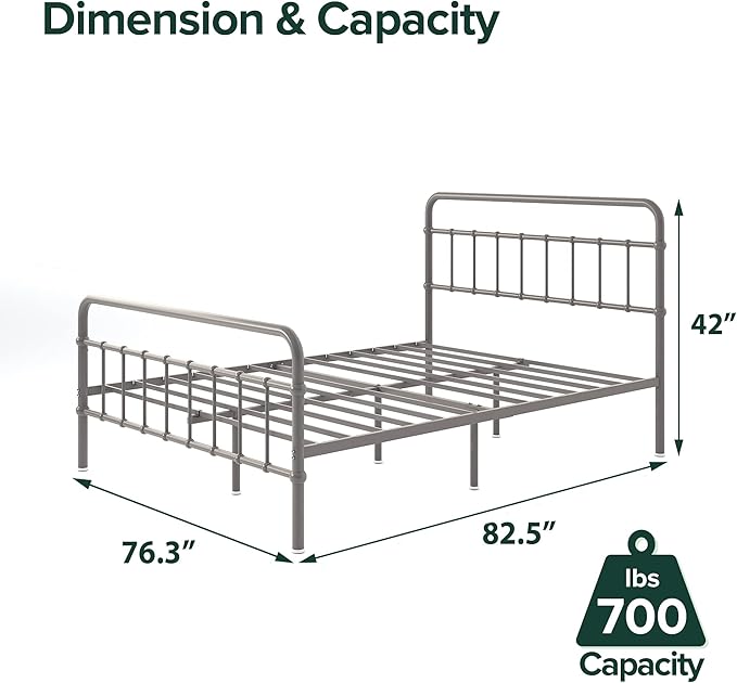 Zinus Florence Metal Platform Bed Frame, Mattress Foundation, No Box Spring Needed, Easy Assembly, Grey, King