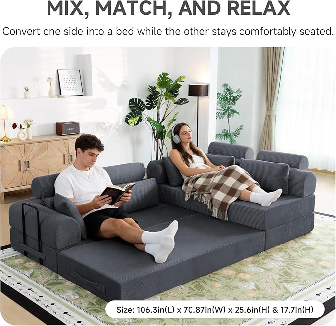 106" L-Shaped Boneless Sectional Couch, 2-Piece 70.87" Modules, Converts to 141.7" Extra-Long Straight Sofa, Corduroy Couch in a Box with Headrest & Back Pillows for Living Room, Dark Grey