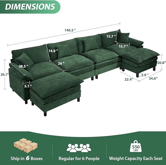 Oversized Modular Sectional Sofa, 146.5 Inch U Shaped Cloud Couch Set, 4-Seat Comfy Convertible Sofa with 2 Movable Ottoman, DIY Combination Sleeper Couch for Living Room(Chenille, Green)