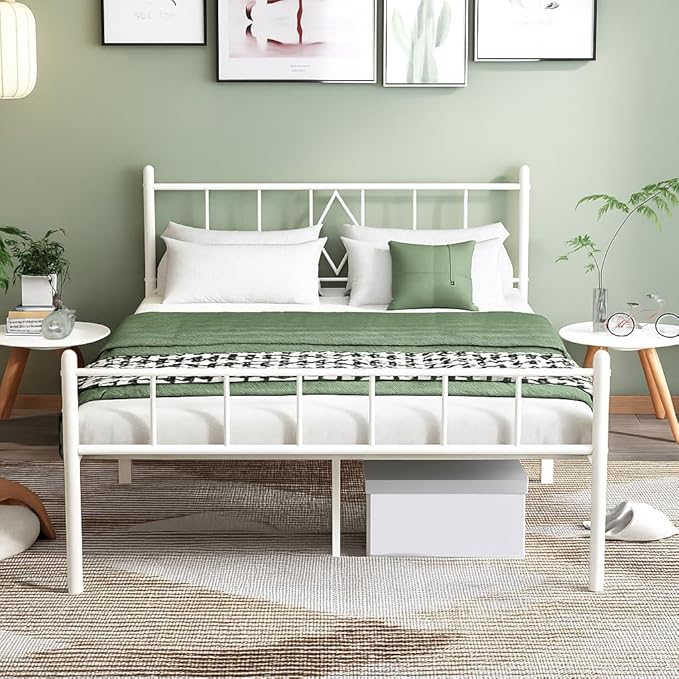 Decorwise 14 Inch Full Size Bed Frames with Headboard/Footboard, Under Bed Storage, Strong Metal Slats Support, No Box Spring Needed, Noise Free, Easy Assembly, White