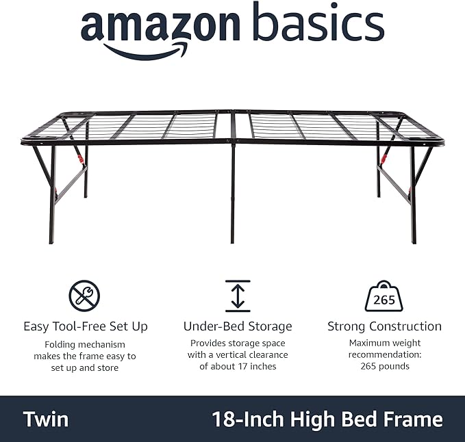 Amazon Basics Foldable Metal Platform Bed Frame with Tool Free Setup, 18 Inches High, Sturdy Steel Frame, No Box Spring Needed, Twin, Black