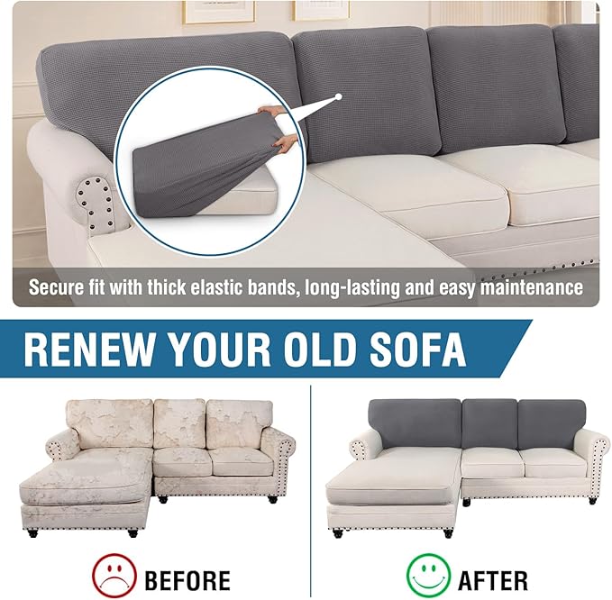 H.VERSAILTEX Backrest Cushion Covers Sectional Couch Back Cushion Covers for Sectional Sofa Set for Both Left/Right Couch (Back Only: 1 Chaise + 2 Sofa, Charcoal Grey)