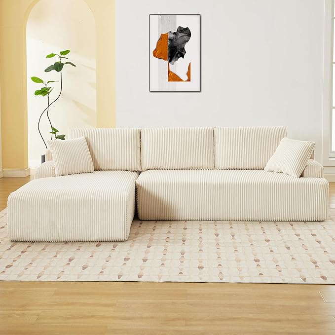 Sectional Cloud Boneless Couch 106" Modern Comfy L-Shape Corner No Assembly Required Convertible Compression Sleeper Modular Sofa with Corduroy Fabric Deep Seat Loveseat + Chaise for Living Room