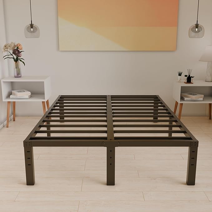 HOBINCHE 14 Inch Metal Full Size Bed Frame No Box Spring Needed - Easy Assembly Heavy Duty Noise Free Narrow Bedframes - Double Black Basic Steel Slats Platform with Storage