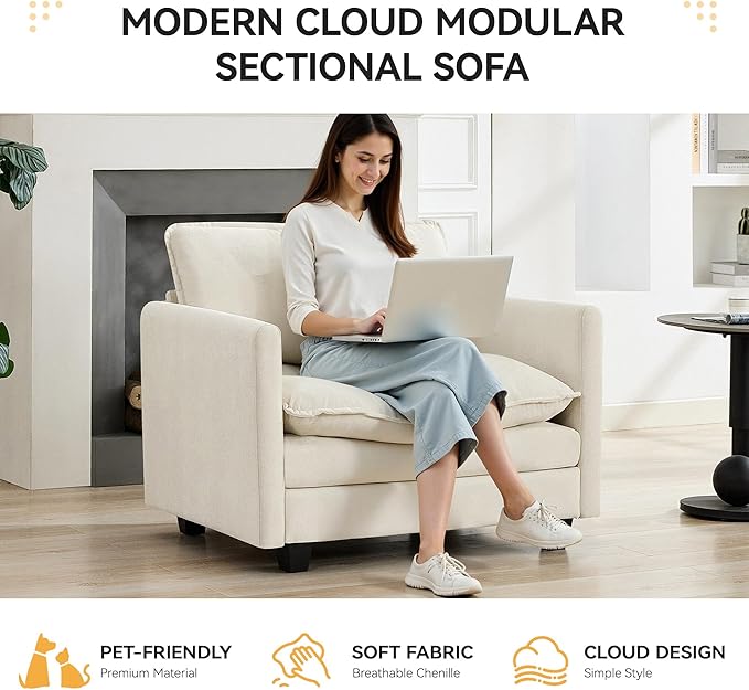41'' Modern Chenille Oversized Chair, Upholstered Accent Living Room Chair with Extra Thicked Deep Seat, Single Lounge Chair for Bedroom, Small Apartment, Beige