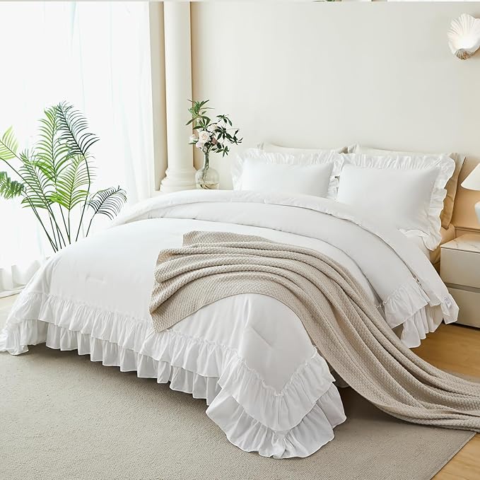 ANGIYUIN White Full Ruffle Comforter Set 5Pcs Double-Layer Ruffled Bed in A Bag with Sheets Lightweight Farmhouse Bedding Sets Solid Fluffy Shabby Chic Bed Sets for Girls Teens Women(White Full)
