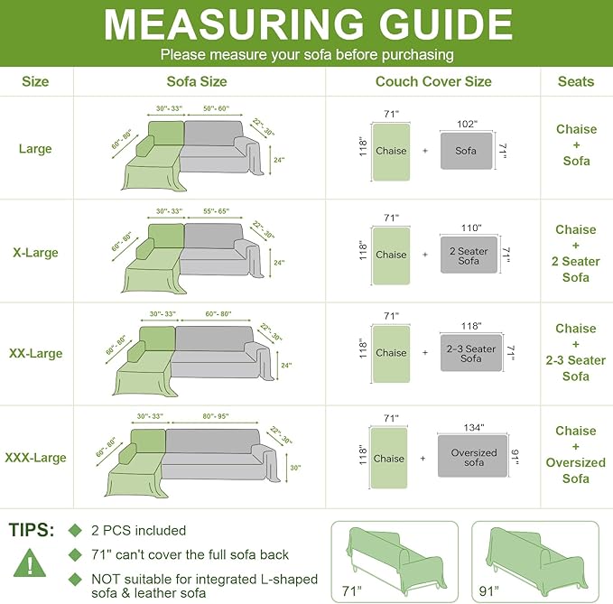 OstepDecor Sectional Couch Covers 2 Pieces, L Shaped Couch Cover Blanket, Sectional Sofa Cover Washable, Chaise Lounge Sofa Slipcovers Pet Furniture Protector for Dogs (71"x102"+71"x118", Green)