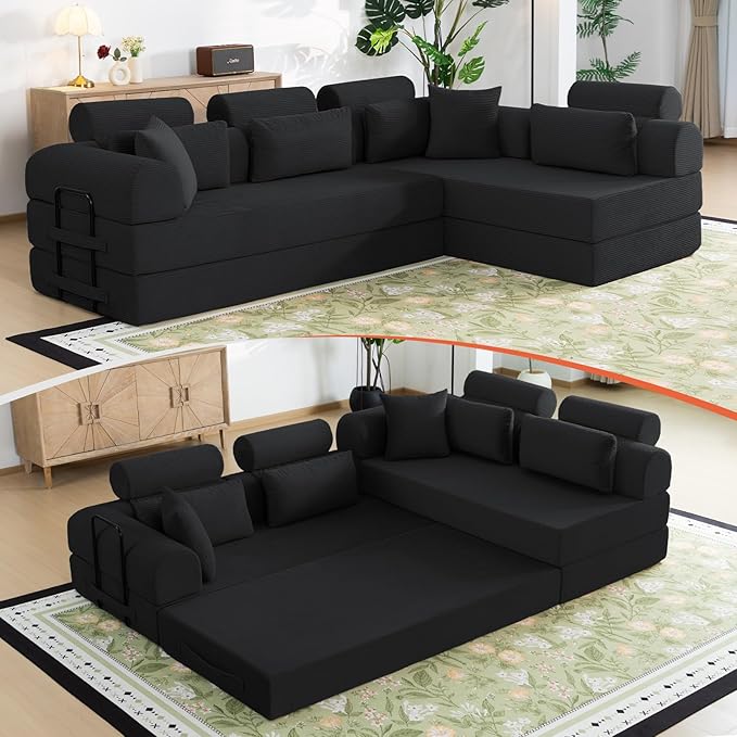 106" L-Shaped Modular Boneless Couch, 2-Piece System (2×70.87"), Convertible Sectional to 141.7" Straight Sofa, Corduroy Couch in a Box, Headrest & Back Pillows for Living Room, Black