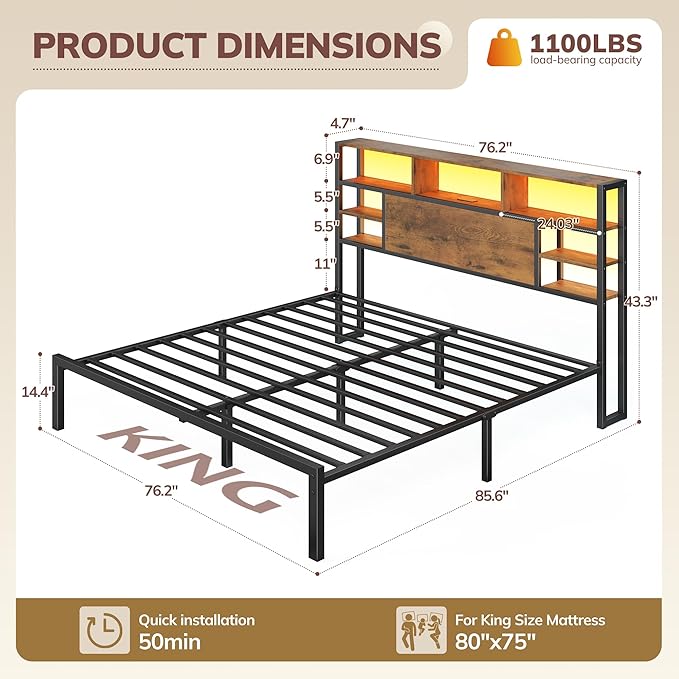 Homkdom King Size Bed Frame with Storage Headboard, LED Lights & Charging Station Heavy Duty Metal Platform Bed for Bedrooms, 1100 LBS Capacity, No Box Spring Needed, Easy Assembly，Vintage Brown