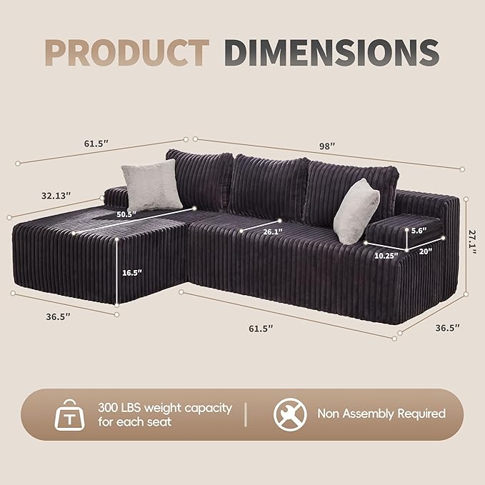 Modular Sectional Sofa Couches L-Shape Couch 3 Seat Modular Sofa Memory Foam Sectional Couches for Living Room, Cloud Couch with Oversized Chaise (Grey Stripe, 98" Left Facing Chaise)