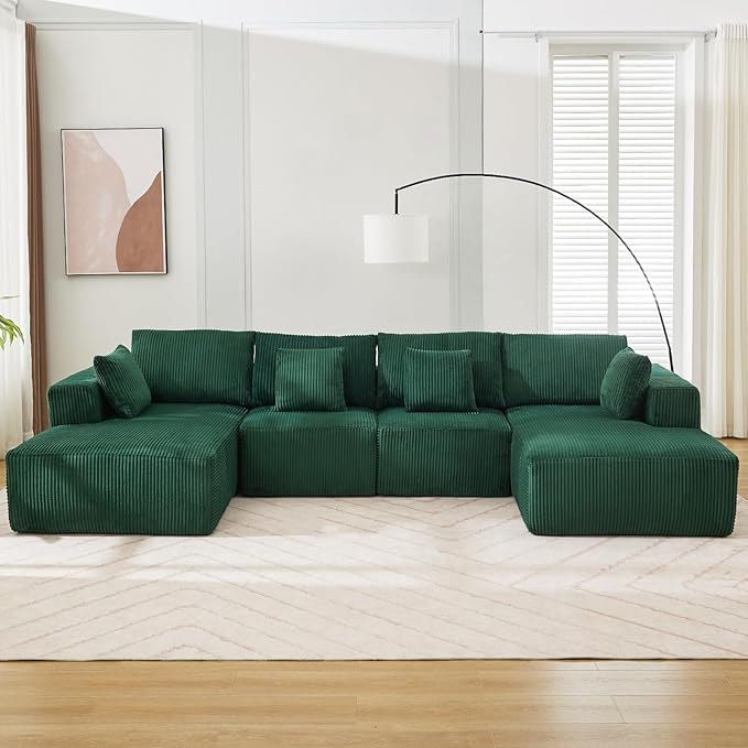 Sectional Cloud Boneless Couch 137" Modern Comfy U-Shaped No Assembly Required Convertible Compression Sleeper Modular Sofa with Corduroy Fabric Deep Seat Single + Chaise for Living Room