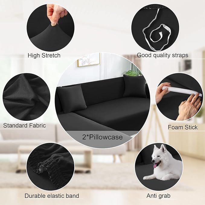 NAISI Couch Cover L Shape 2 Pieces Sofa Cover Soft Stretch Slipcovers with 2pcs Pillowcases Furniture Protector Sectional Couch Covers 3 Seater + 3 Seater(Black)