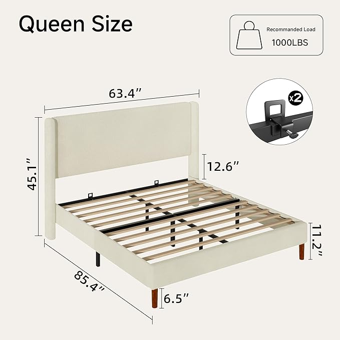 Queen Boucle Bed Frame, Platform Bed with Upholstered Wingback Headboard, Strong Wooden Slats Support, Noise-Free, Easy Assembly, No Box Spring Needed, Beige
