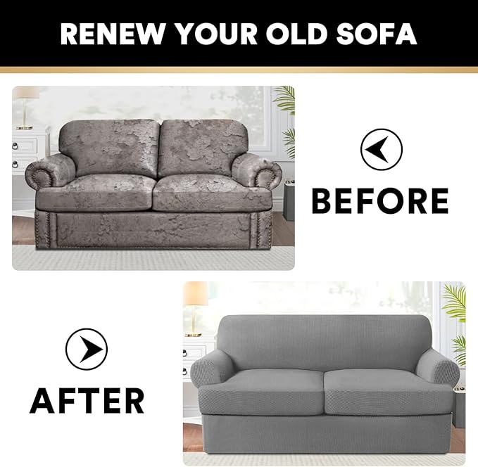 PrinceDeco T Cushion Loveseat Slipcover 3 Pieces Sofa Covers for T Cushion Sofa Stretch Slip Covers for 2 Cushion Couch with 2 Individual T Shape Seat Covers Width Up to 76"- Washable, Dove