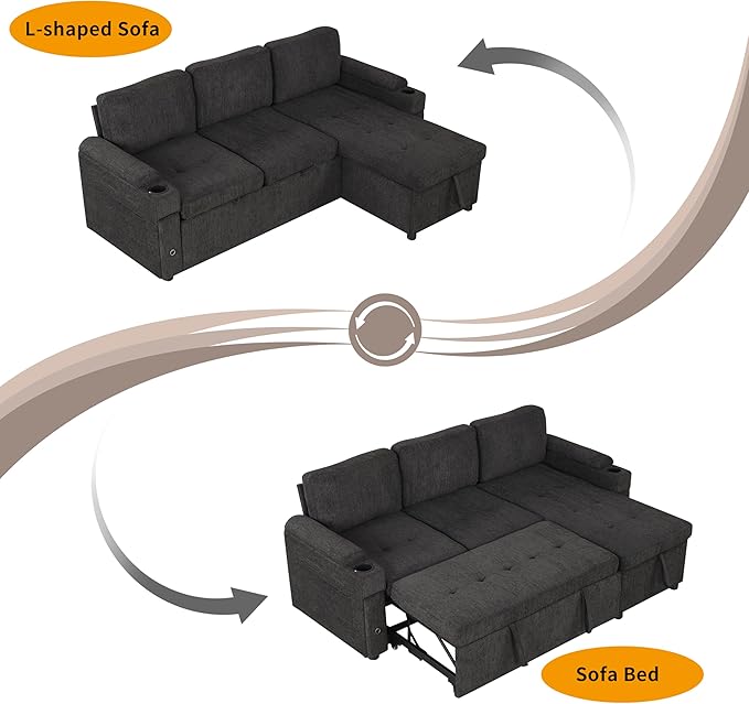 Harper & Bright Designs 83.5" L-Shaped Sofa Couch Convertible Sofa Bed Sectional Sofa with Ample Storage Space, Two Cup Holders and Two USB Ports for Living Room, Black