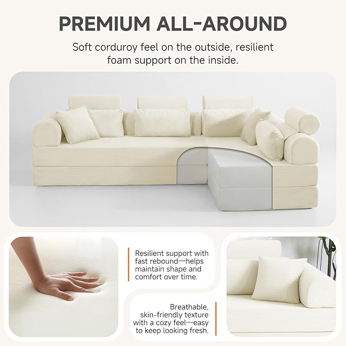 Boneless Sectional for Small Spaces, 106” L Shaped Couch from Two 70.87” Modules, Reconfigures to 141.7” Straight Sofa, Corduroy Compressed Couch in a Box with Headrest Back Pillows, White
