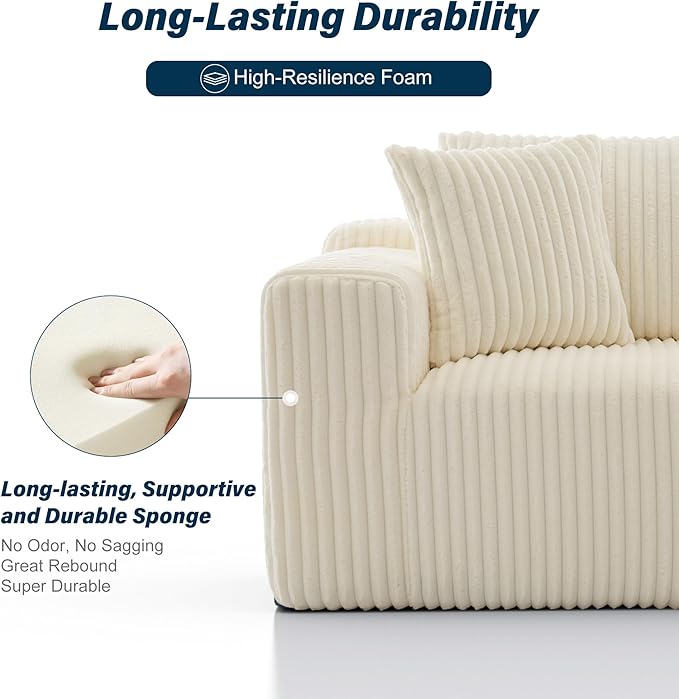 3 Seater L Shaped Sofa with Deep Seat, 101" Cloud Sectional Couch with Chaise, Cozy Modular Couches Sleeper, Oversized Corduroy Sofa for Living Room Bedroom Apartment, Beige