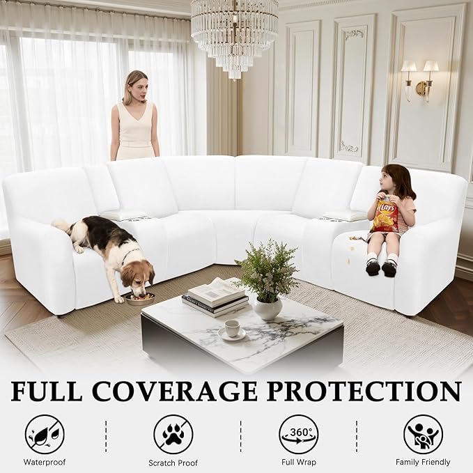 Waterproof Reclining Sectional Couch Covers Washable L Shaped Couch Cover for Sectionals Recliner Sofa Covers Stretch Corner Recliner Slipcovers for Dogs (5 Seater 2 Console Cover, White)