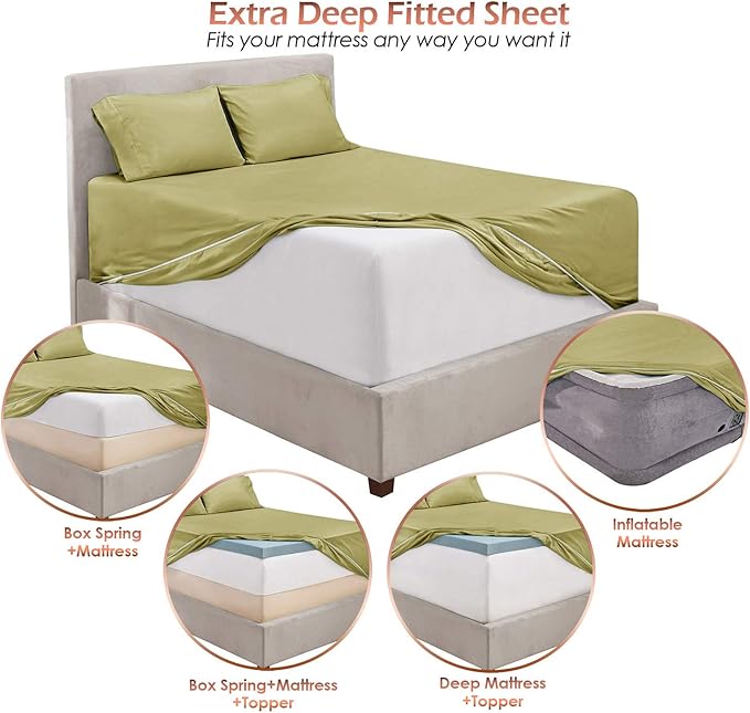 Hearth & Harbor Extra Deep Pocket Sheets - Fits Mattress 18-24 Inches Deep - Extra Deep Pocket California King Size - 6 Piece Cal King Sheets - Cal King, Sage