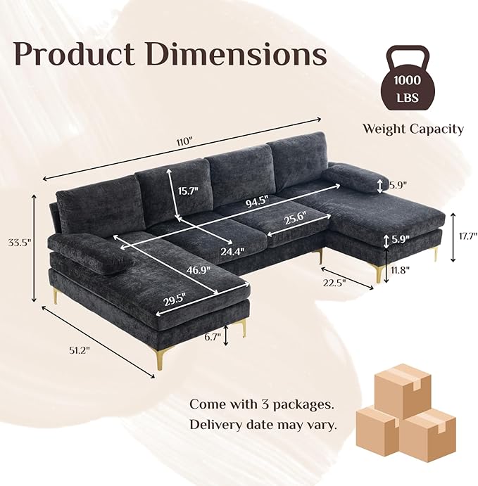 Karl home Convertible Sectional Sofa 110" U-Shape Sofa Couch 4-Seat Couch with Chaise ChenilleFabric Upholstered for Living Room, Apartment, Office, Black