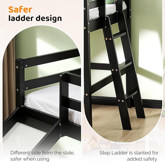 VINGLI 47 Inches Medium High Loft Bed with Slide, Space Saving Kids Low Loft Bed Twin Size with Guardrail and Flat Ladder, Pine Wood Bed Frame for Boys and Girls, Black