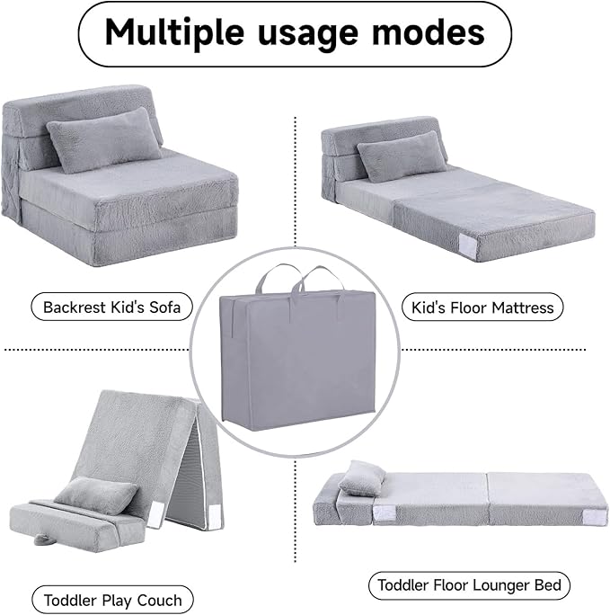 Tiita Convertible Folding Kids Sofa Bed with Pillow & Storage Bag, Plush Fabric Floor Mattress Couch Bed, Washable Cover, Kids Room, Playroom, Dorm, Apartment, White Grey