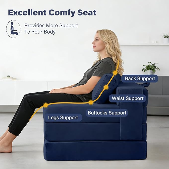 Tiita Folding Sofa Bed Chair, 4-Fold Convertible Sleeper Chair with Lumbar Pillow, Washable Cover & Side Pocket, Floor Couch Bed with Raised Seat, Single Size for Small Spaces, Navy