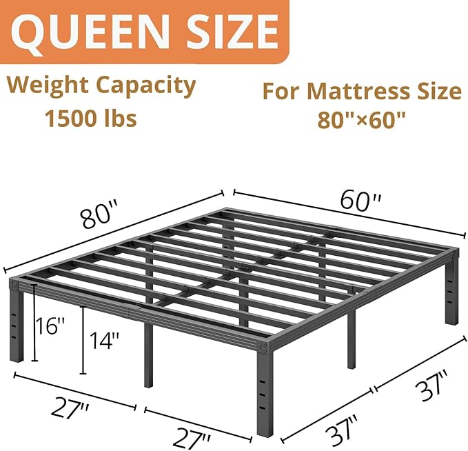 ZIYOO Queen Size Bed Frame, 16 Inches Platform Bed Frame, 3500lbs Heavy Duty Steel Slat, Non-Slip Design, No Box Spring Needed, Easy Assembly, Quiet Noise Free, Under Bed Storage Space, Black