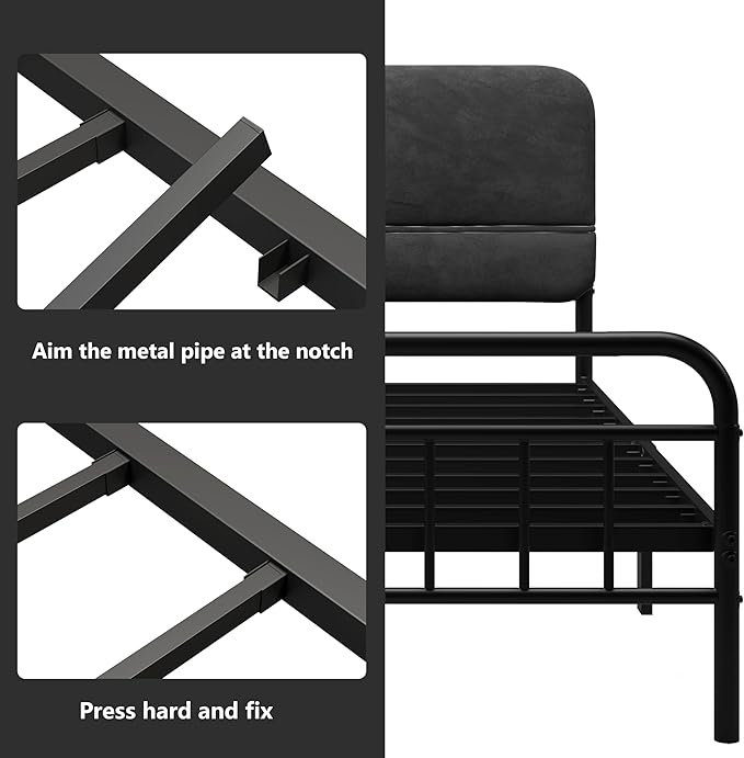14Inch Metal Bed Frame,Full Size Bed Frame with Upholstered Headboard,Heavy Duty Sturdy Mattress Foundation,Easy Assembly,No Box Spring Needed,Grey-Full