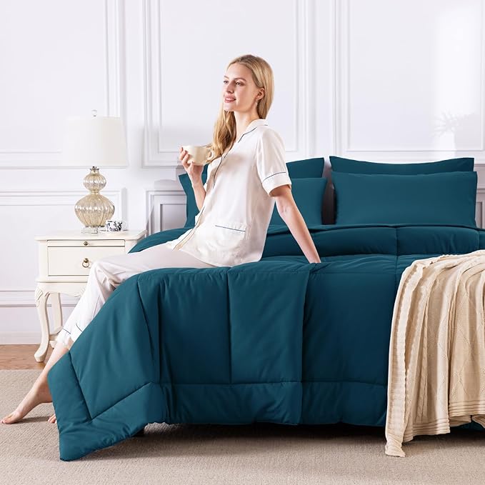CozyLux Queen Comforter Set Lyons Blue, 7 Pieces Bed in a Bag, Blue Comforters Queen Size, All Season Bedding Sets with Stitch Quilted Comforter, Flat Sheet, Fitted Sheet, Pillowcases