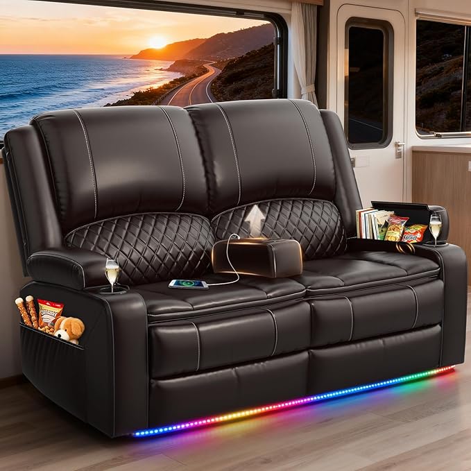 RV Loveseat Recliner Wall Hugger, Manual RV Reclining Loveseat with Removable Armrest, 3X Adjustable Theater Wall Hugger Loveseat Recliners with USB Ports, Cup Holders, Multi-Storage (PU,Brown)