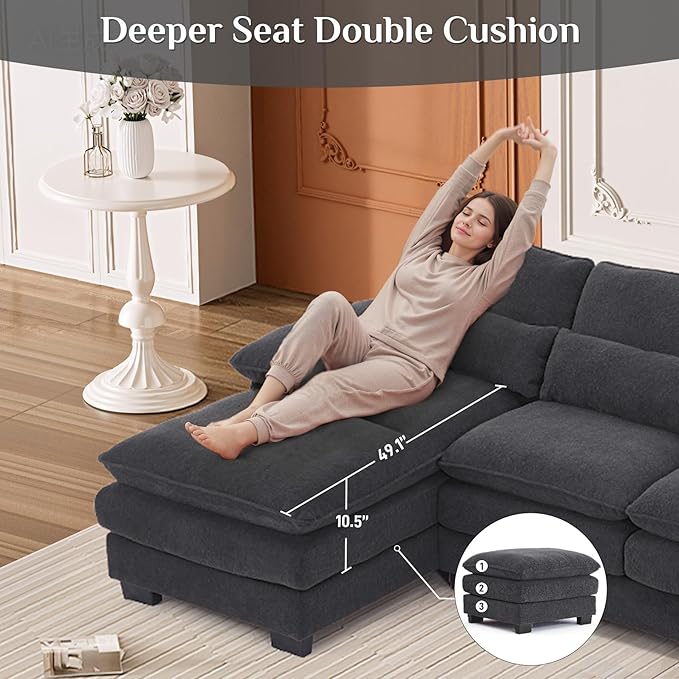 113" Cloud Couch Sectional Modular Sofa U Shaped Sectional Couches for Living Room Comfy 5-Seater Deep Seat Couch Chenille Cloud Sectional Sofa with Movable Ottoman & 4 Pillows, Dark Grey