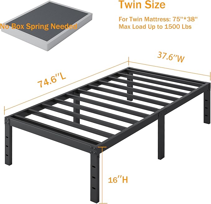 SHLAND Twin Bed Frames 16 Inch Metal Platform Bed Frame No Box Spring Needed, Twin Size Bed with Heavy Duty Strong Slat Support, Easy Assembly, No Noise, Black