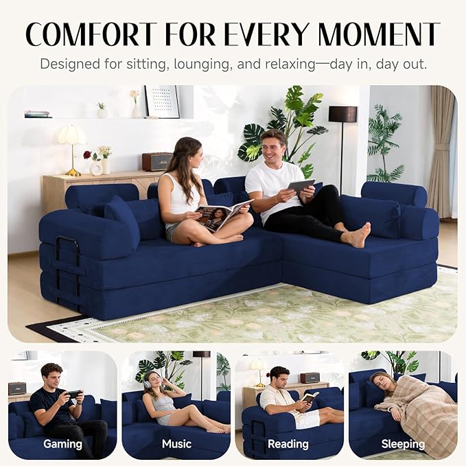 106" L-Shaped Modular Boneless Couch, 2-Piece System (2×70.87"), Convertible Sectional to 141.7" Straight Sofa, Corduroy Couch in a Box, Headrest & Back Pillows for Living Room, Navy Blue