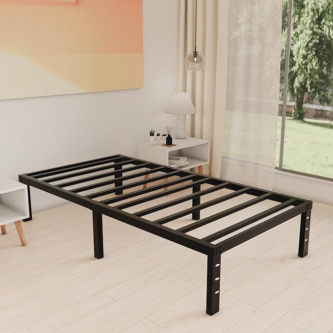 HOBINCHE 12 Inch Twin XL Size Bed Frame - No Box Spring Needed Heavy Duty Metal Platform Mattress Foundation with Steel Slats, Non-Slip Noise Free Easy Assembly Black Bedframes
