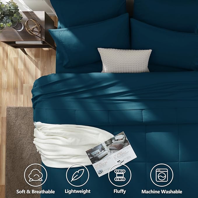CozyLux Queen Comforter Set Lyons Blue, 7 Pieces Bed in a Bag, Blue Comforters Queen Size, All Season Bedding Sets with Stitch Quilted Comforter, Flat Sheet, Fitted Sheet, Pillowcases