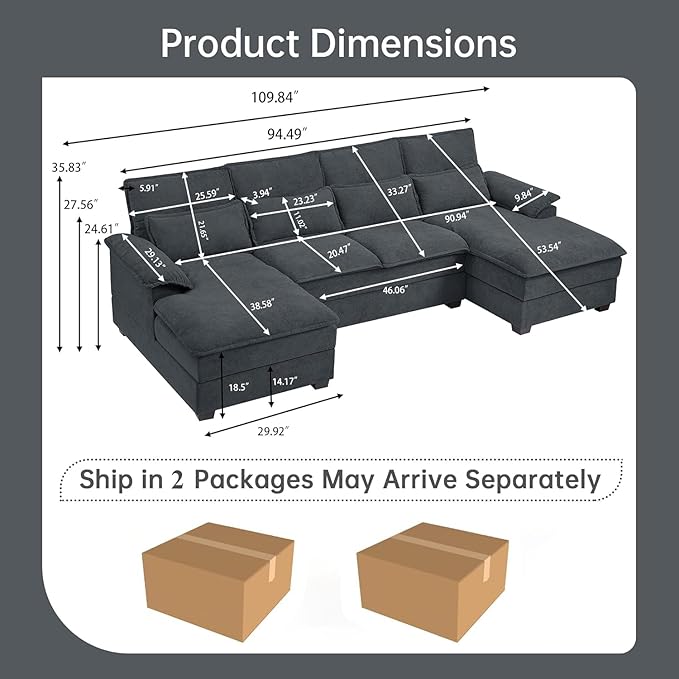 110“ Convertible Sectional Sofa, U Shape Cloud Couch, Comfy Couches with Double Chaise and Sleepable Armrests, 4 Seats Sectional Couches for Living Room, Dark Grey
