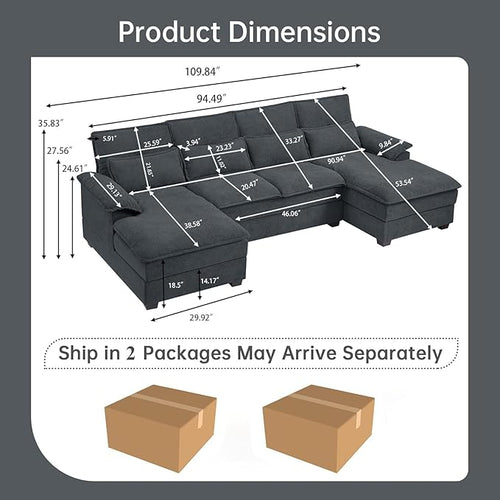 110“ Convertible Sectional Sofa, U Shape Cloud Couch, Comfy Couches with Double Chaise and Sleepable Armrests, 4 Seats Sectional Couches for Living Room, Dark Grey
