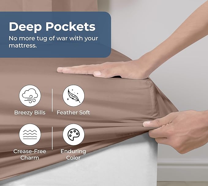 Royale Linens 100% Organic Cotton Fitted Sheet - Percale Weave - Super Soft Deep Pocket Bottom Sheets - Mocha Elastic Sheet Twin XL Size - Twin XL Fitted Sheets Only - (39"x75"+15", Mocha)