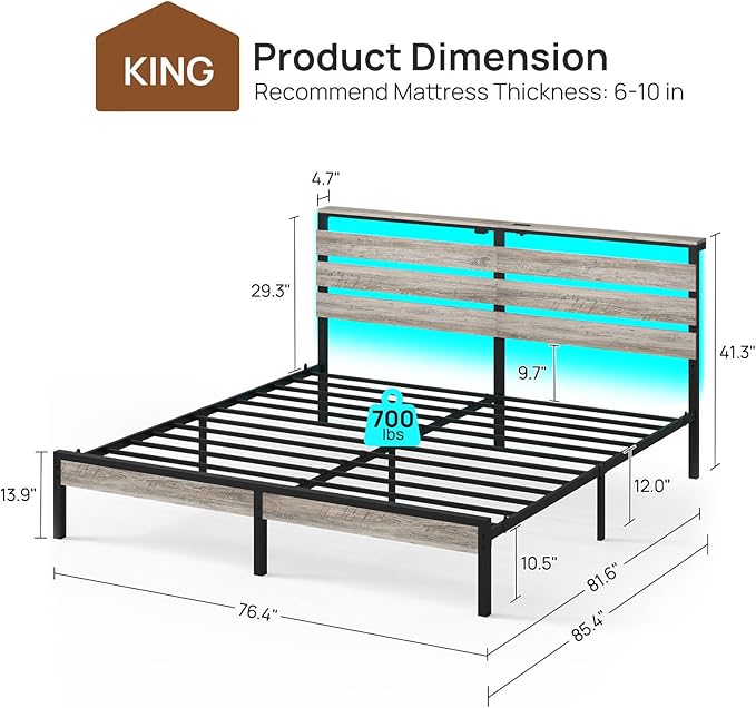 Rolanstar Bed Frame King Size with USB Charging Station, LED Bed Frame with Wood Storage Headboard, Light Grey Metal Platform Bed with Under Bed Storage, No Box Spring Needed, Noise Free