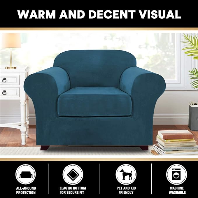 PrinceDeco Velvet Plush Couch Cover Stretch 2 Piece Chair Cover Chair Slipcover Washable Furniture Protector Couch Soft with Elastic Bottom Armchair Cover Width Up to 49 Inch(Small, Deep Teal)