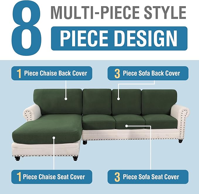 H.VERSAILTEX Sectional Couch Covers 8 Pieces Stretch Sofa Cover for Sectional Sofa Set Separate L Shaped Couch Cover for Both Left/Right Couch (Seat and Back: 1 Chaise + 3 Sofa, Bronze Green)