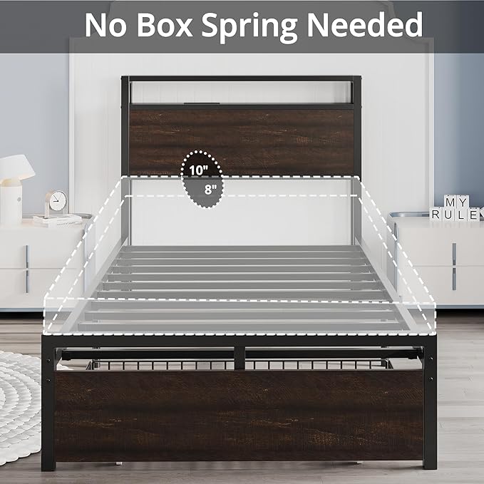 LIKIMIO Twin Bed Frames with Drawer, Storage Headboard with Outlets, No Box Spring Needed, Easy Assembly, Dark Brown
